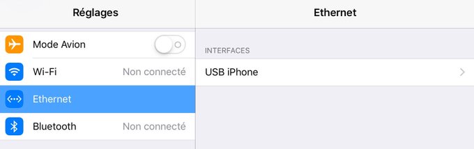 Dans les Réglages, entre Wi-Fi et Bluetooth apparait une entrée Ethernet dont l'interface est nommée USB iPhone