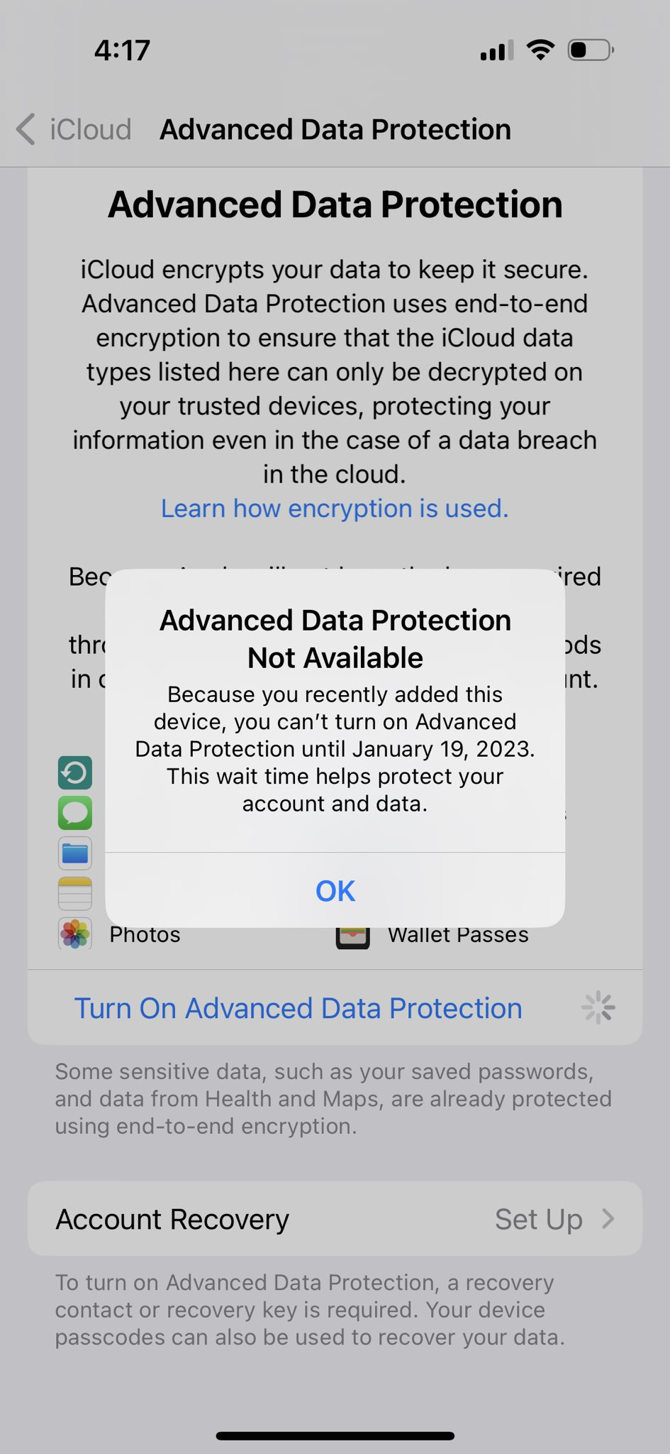 Capture d´écran Réglages / Identifiant Apple / Sécurité / Protection Avancée des Données iCloud Pas Disponible