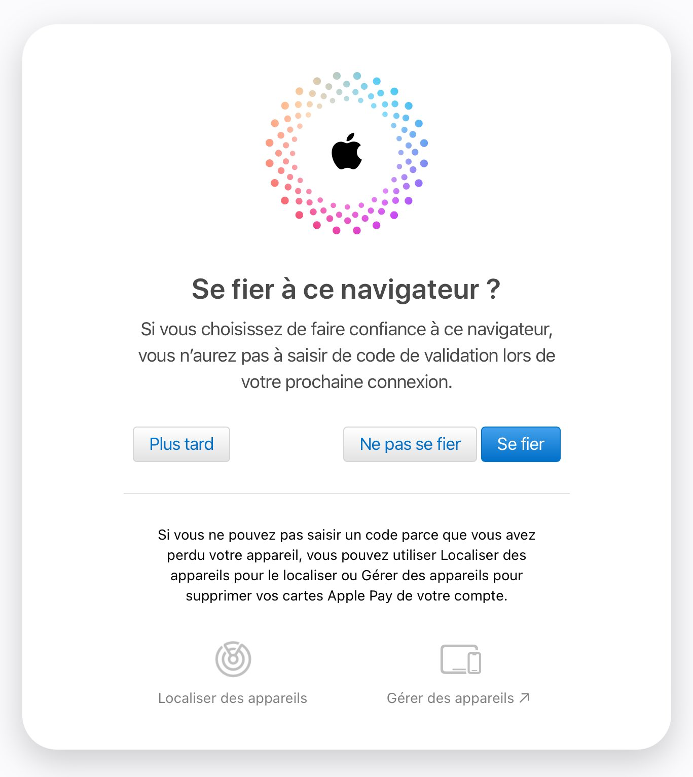 Capture d´écran iCloud.com où il est demandé de se fier au navigateur