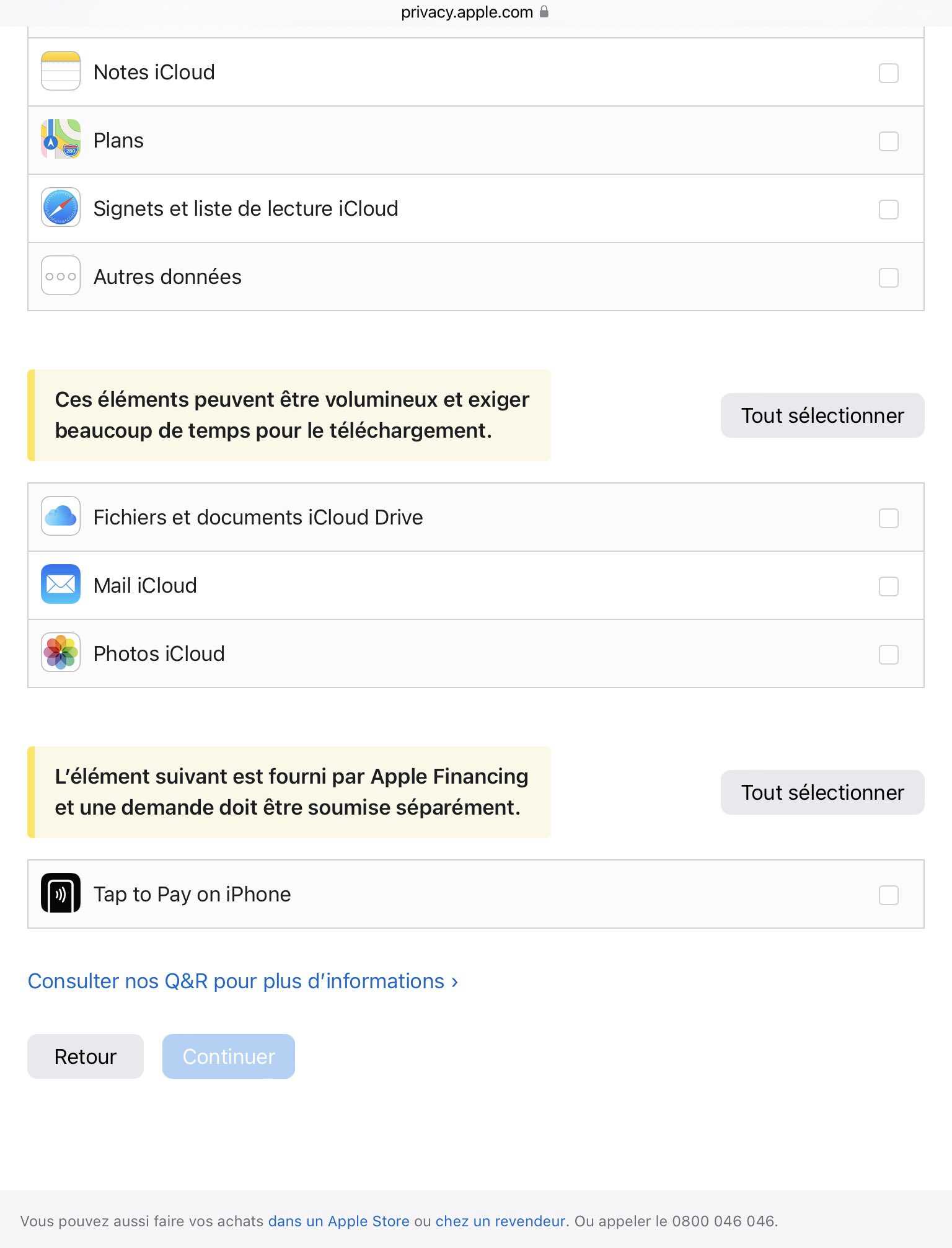 Capture d´écran privacy.apple.com où l´accès à iCloud.com est désactivé suite